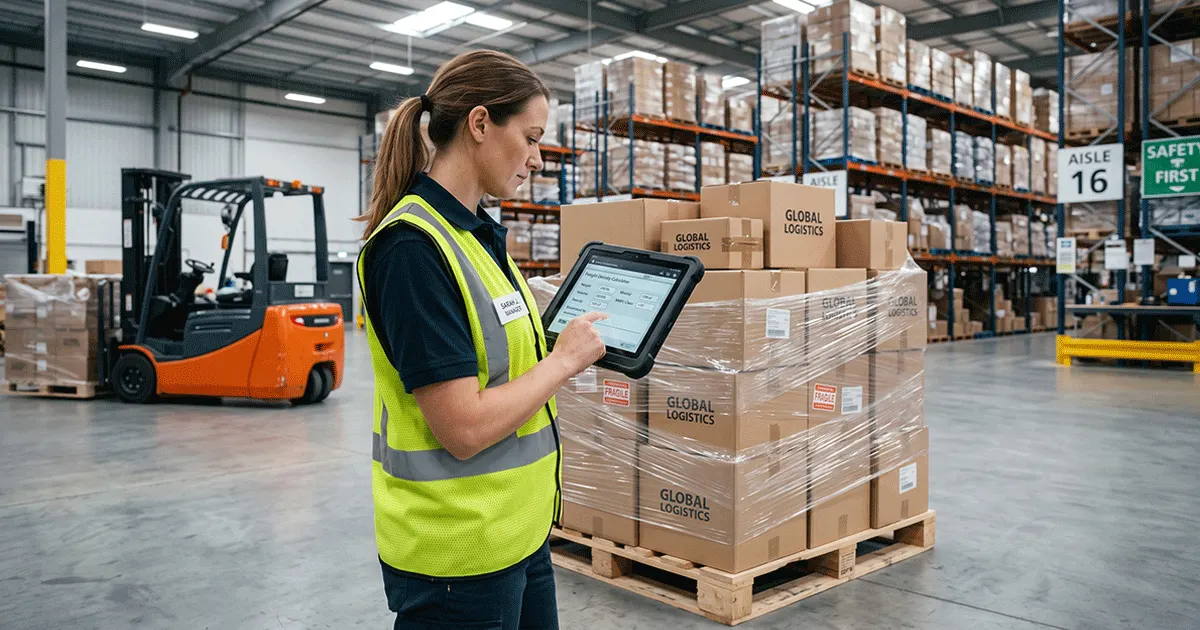 Logistics manager using a freight class calculator to determine NMFC codes and shipment density (PCF) for LTL freight in a warehouse.