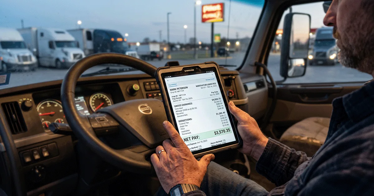 A truck driver in his cab reviewing a digital ELD tablet showing a pay stub breakdown to calculate exactly how much do truck drivers make per mile, including average CPM rates and accessorial pay.